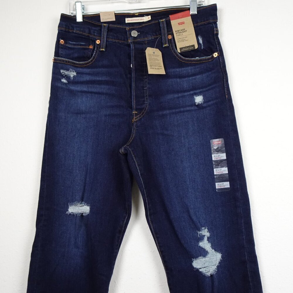 Levi's Ribcage Straight Ankle Jeans Size 31x27 Blue Denim Stretch Distressed - Picture 2 of 11
